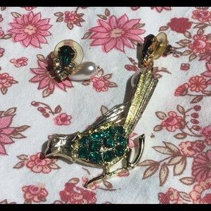 Vintage peacock blue green gem earrings and bird brooch